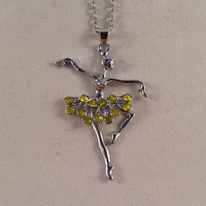 Silver Ballerina Dancer Yellow Crystal Gemstone Pendant Necklace Gorgeous Gift